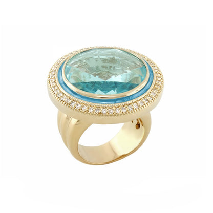 Glamour Cocktail Ring blue aquamarine center stone on a gold band with pave diamond halo on Tampa Home & Garden Store