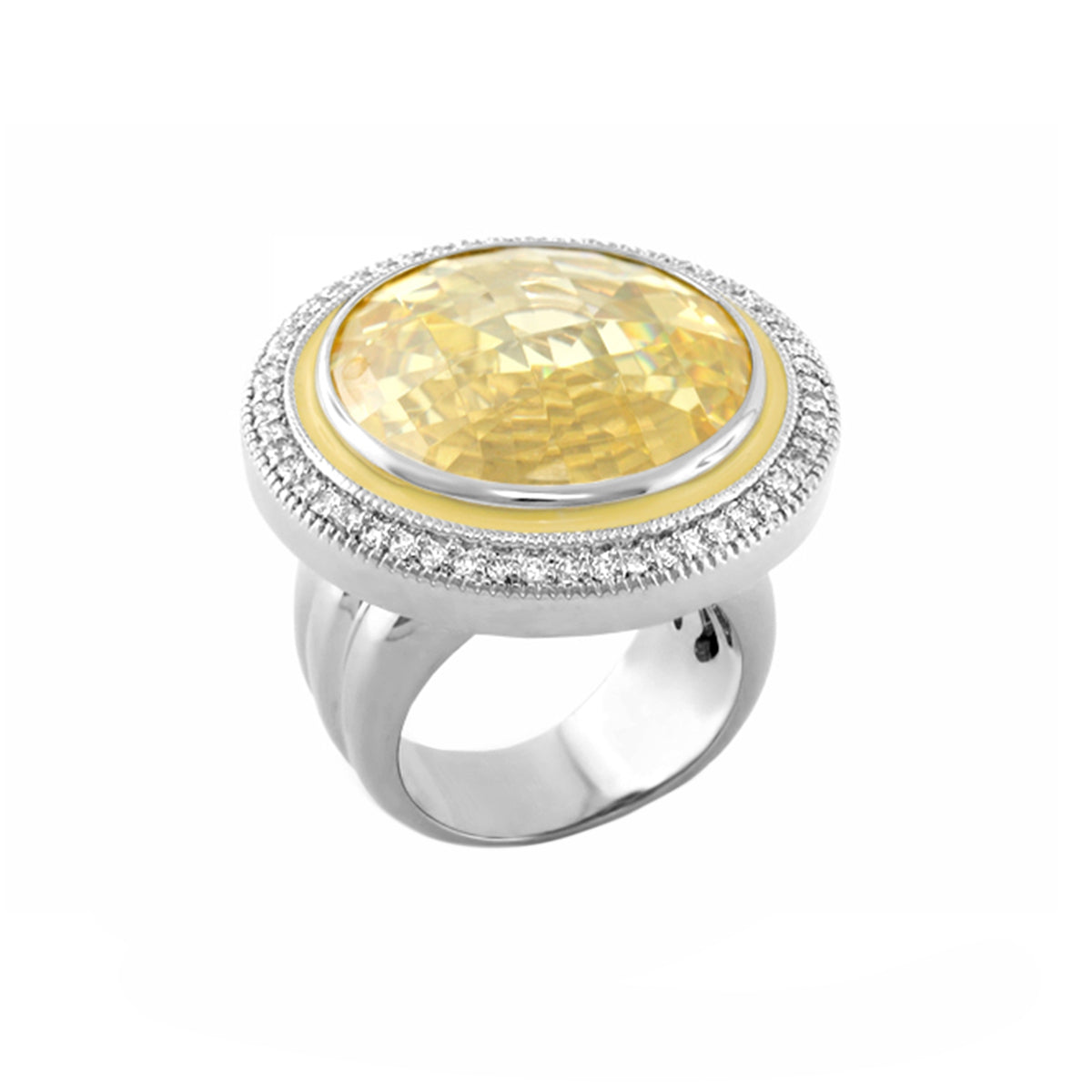Glamour Cocktail Ring with large yellow faceted center stone, diamond halo, silver band on Tampa Home & Garden Store