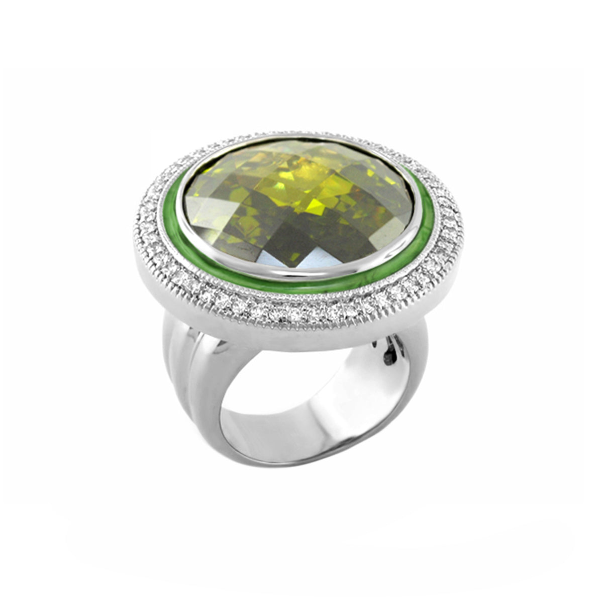 Glamour Cocktail Ring with yellow-green center stone, green bezel, diamond halo silver band on Tampa Home & Garden Store