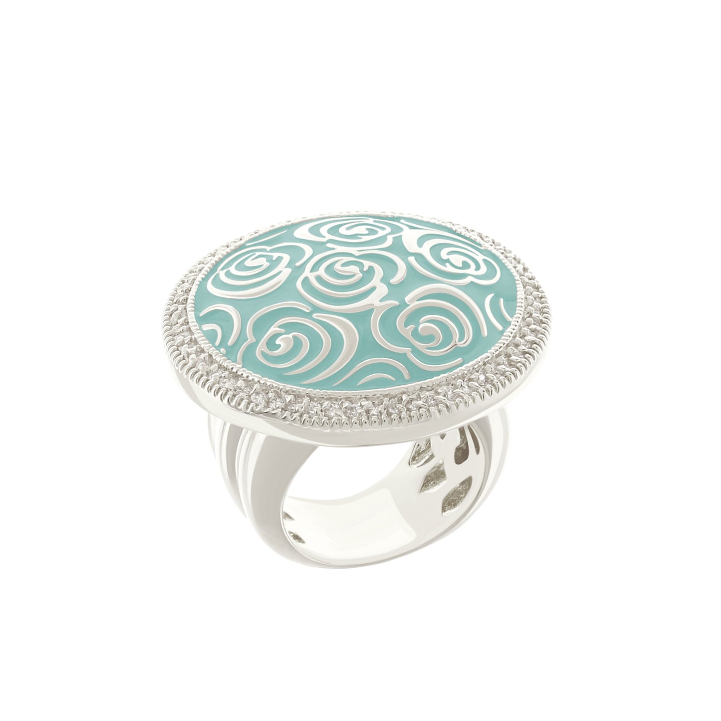 Rose Garden Ring with teal enamel and white swirl motif, silver-tone band, beaded border on Tampa Home & Garden Store
