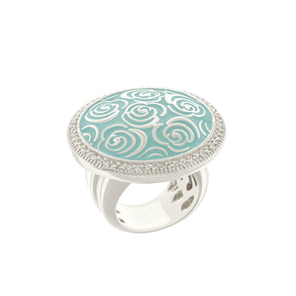 Rose Garden Ring with teal enamel and white swirl motif, silver-tone band, beaded border on Tampa Home & Garden Store