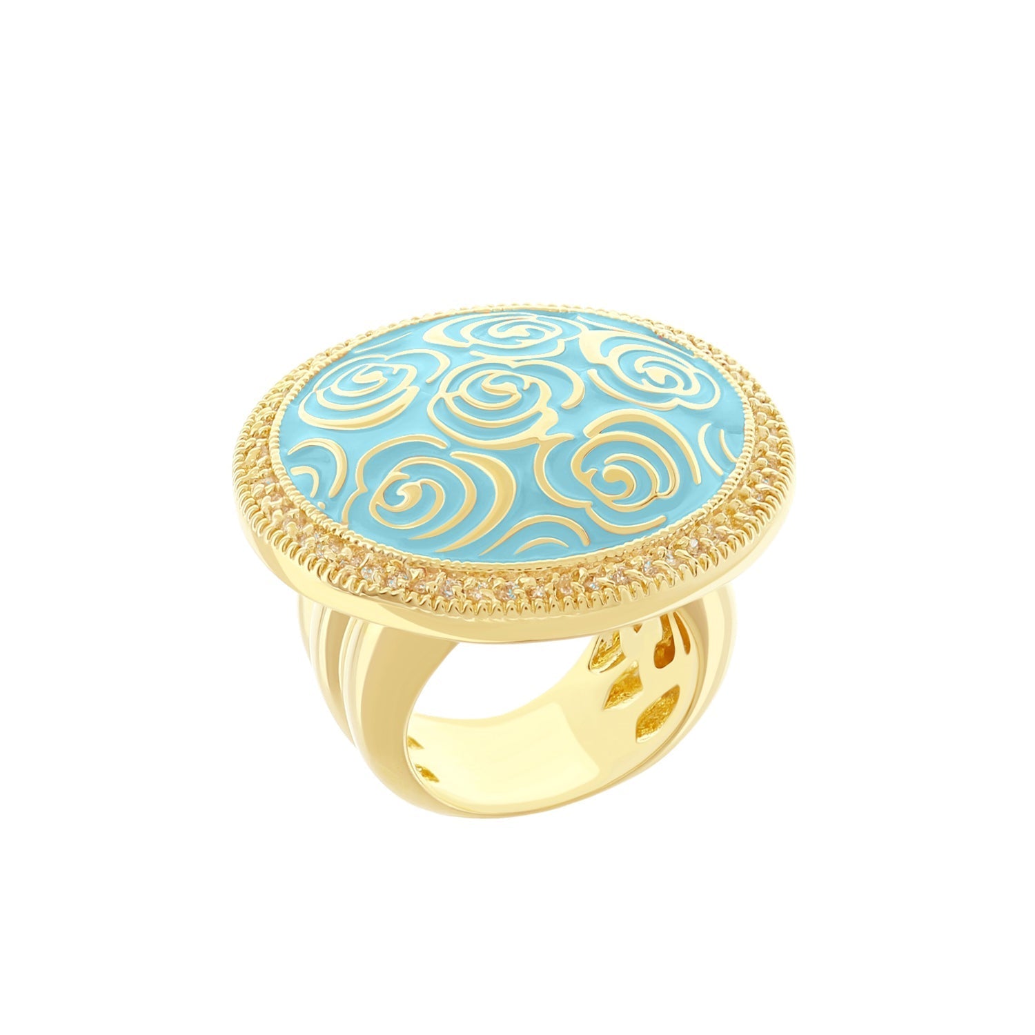 Rose Garden Ring by Lauren G Adams, gold cocktail ring with blue enamel and beaded rim on Tampa Home & Garden Store