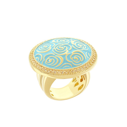 Rose Garden Ring by Lauren G Adams, gold cocktail ring with blue enamel and beaded rim on Tampa Home & Garden Store
