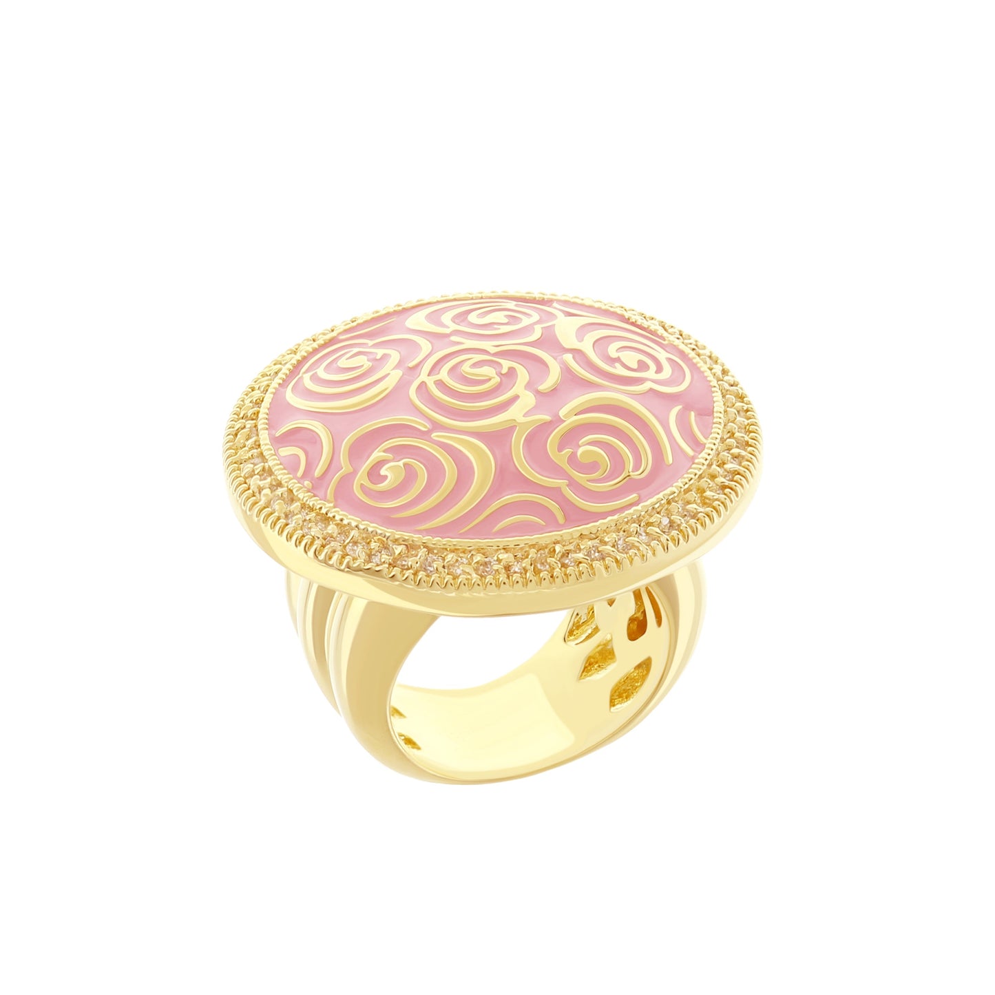 Rose Garden Ring cocktail ring with pink enamel top and gold scroll pattern, rope bezel on Tampa Home & Garden Store