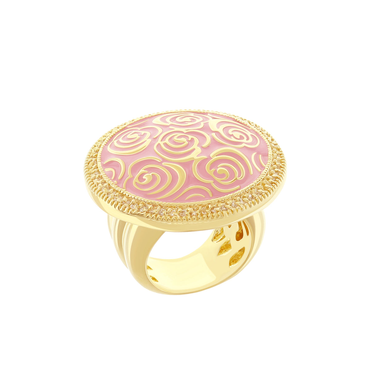 Rose Garden Ring cocktail ring with pink enamel top and gold scroll pattern, rope bezel on Tampa Home & Garden Store