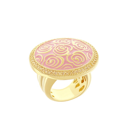 Rose Garden Ring cocktail ring with pink enamel top and gold scroll pattern, rope bezel on Tampa Home & Garden Store