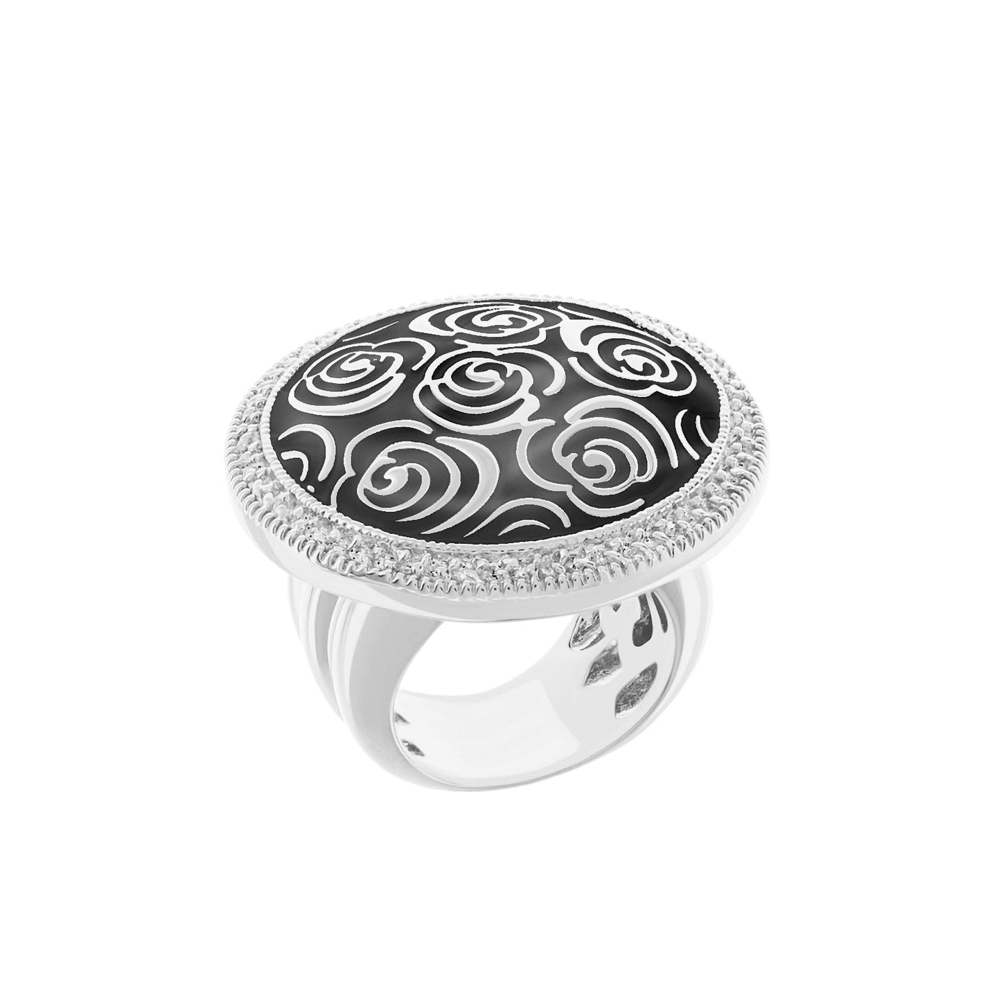 Rose Garden Ring cocktail ring in black enamel with silver scrollwork by Lauren G Adams on Tampa Home & Garden Store