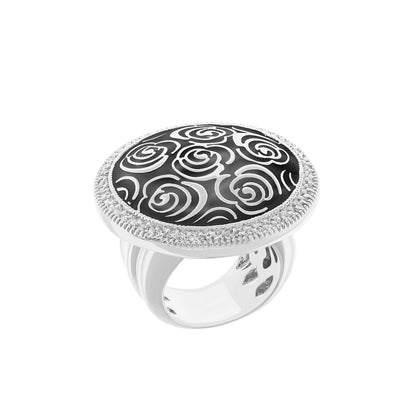 Rose Garden Ring cocktail ring in black enamel with silver scrollwork by Lauren G Adams on Tampa Home & Garden Store