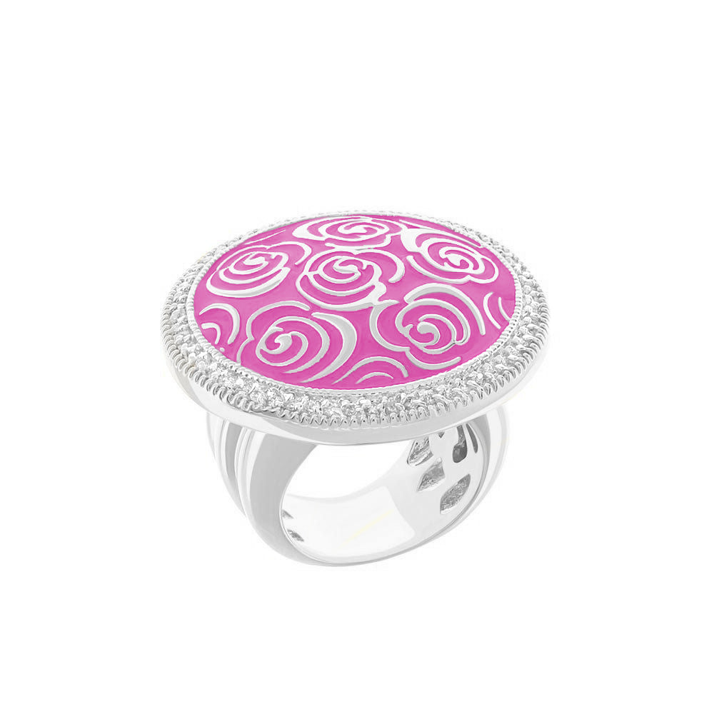 Rose Garden Ring cocktail ring with pink enamel top and white rose swirls, pave edge on Tampa Home & Garden Store