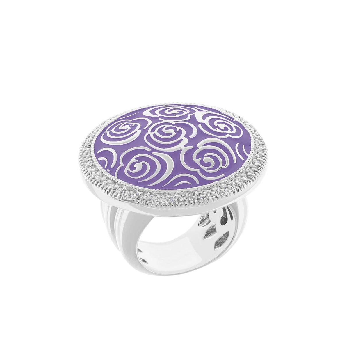 Rose Garden Ring purple enamel with white swirl pattern, silver-tone bezel and band on Tampa Home & Garden Store