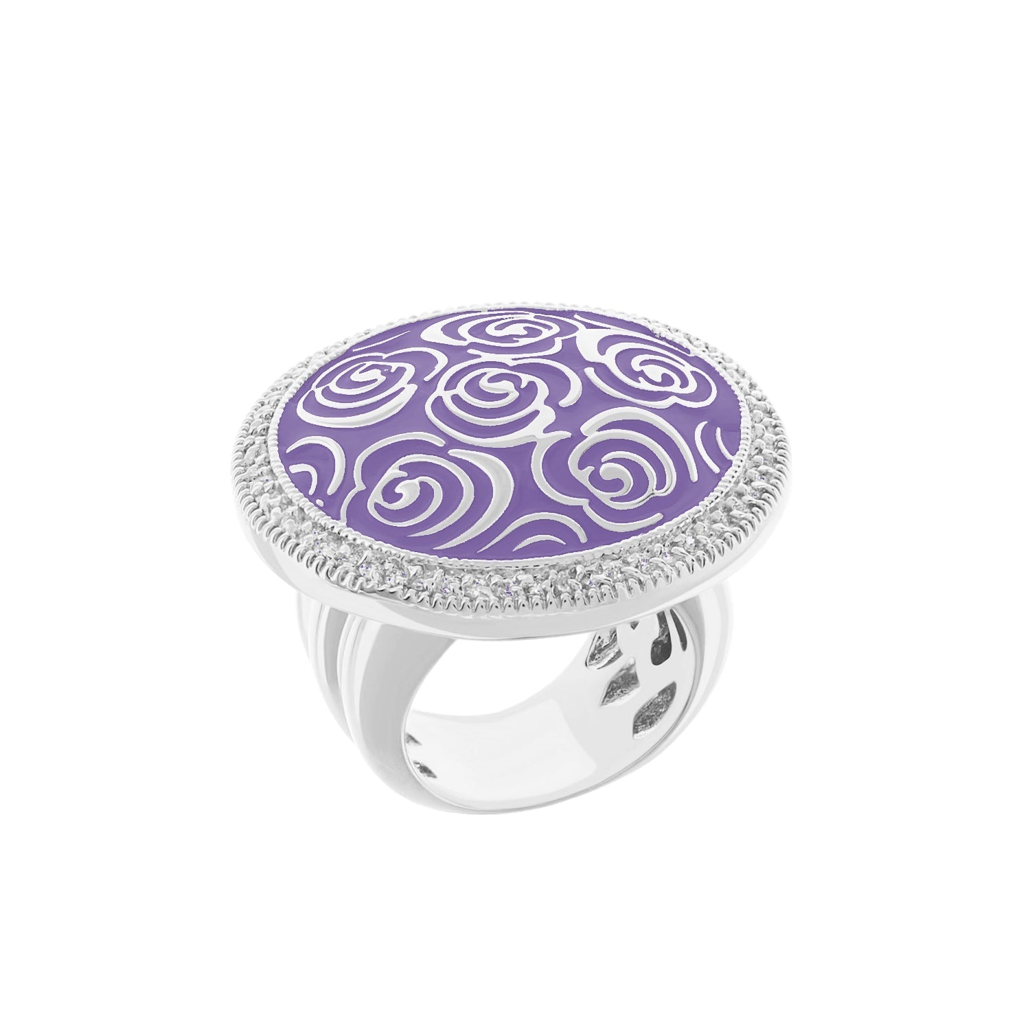 Rose Garden Ring purple enamel with white swirl pattern, silver-tone bezel and band on Tampa Home & Garden Store