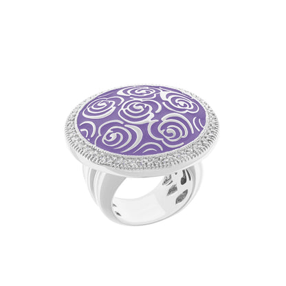 Rose Garden Ring purple enamel with white swirl pattern, silver-tone bezel and band on Tampa Home & Garden Store