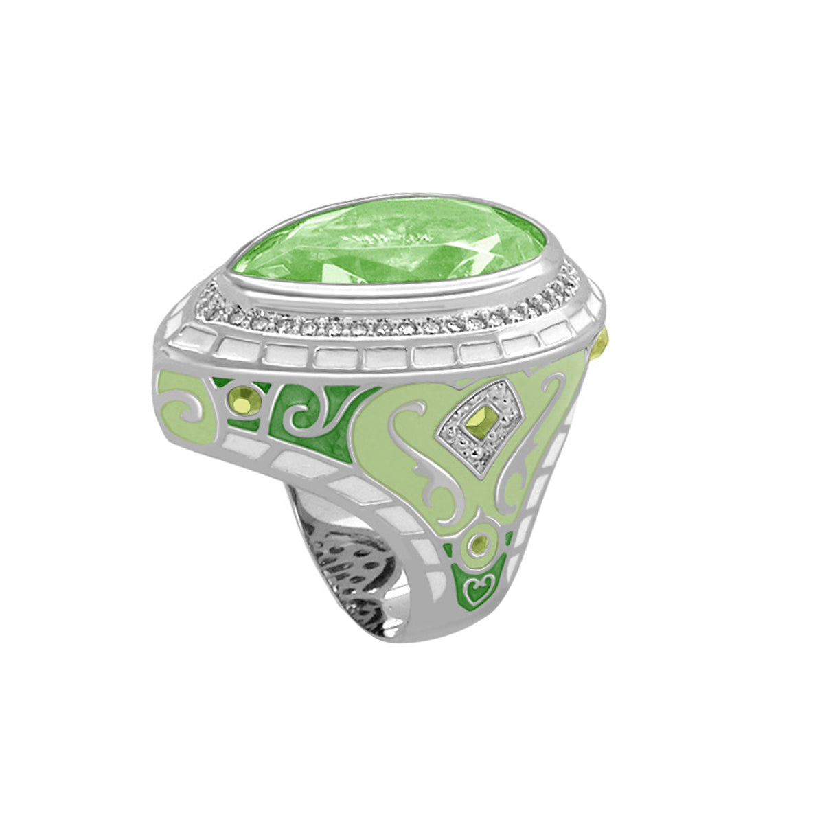 Elegant Drops Cocktail Ring by Lauren G Adams with lime green gemstone, silver band, diamond halo on Tampa Home & Garden Store