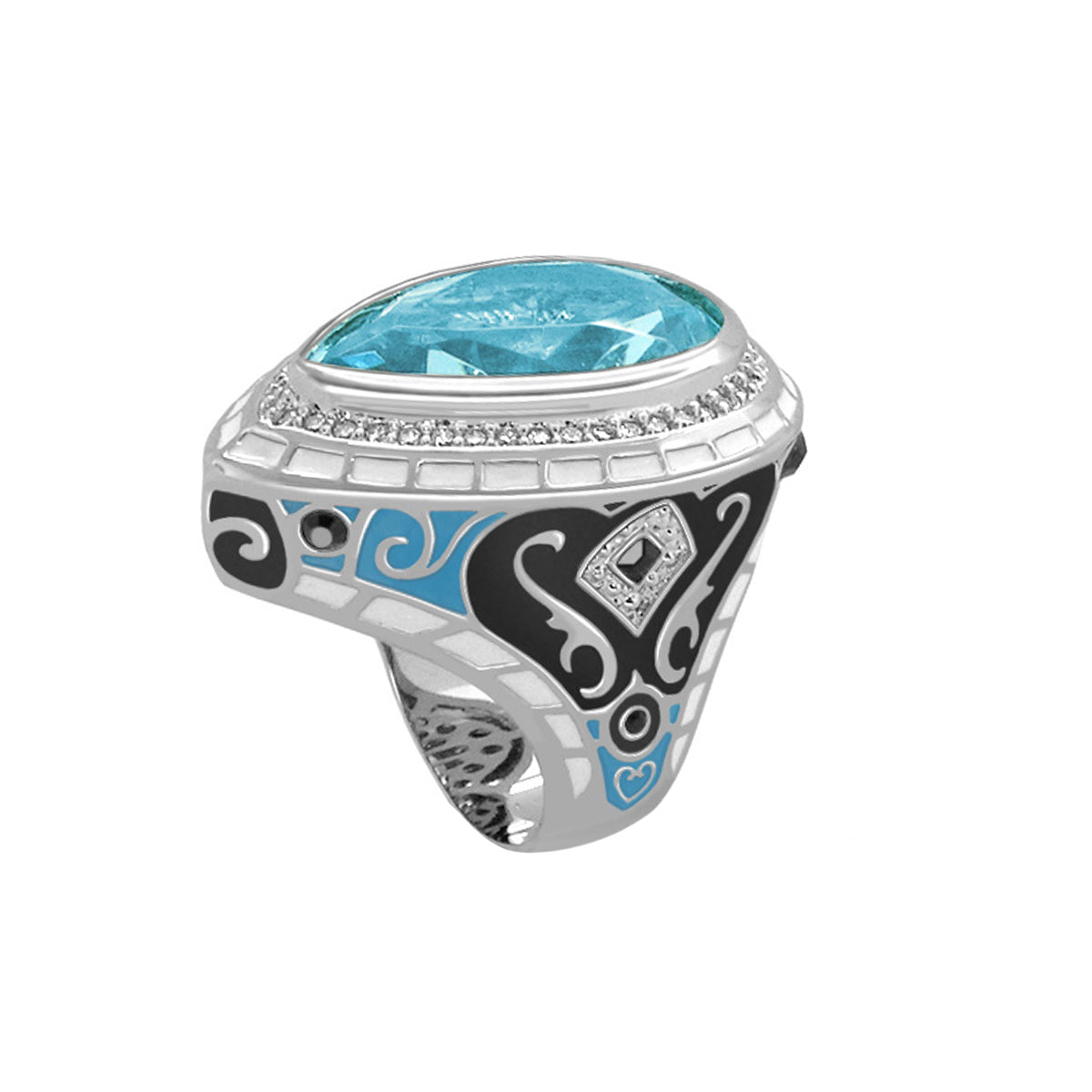 Elegant Drops Cocktail Ring blue gemstone with diamond halo and silver enamel band on Tampa Home & Garden Store