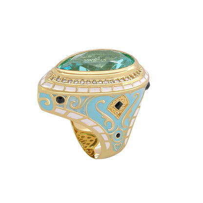 Elegant Drops Cocktail Ring by Lauren G Adams with a large aqua gemstone, turquoise enamel and pavé diamonds on a gold band on Tampa Home & Garden Store