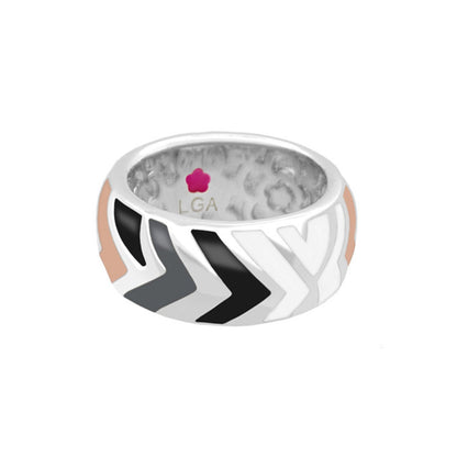 Art Deco band ring by Lauren G Adams, silver-tone with black-white chevron pattern and rose-gold accents; LGA logo inside on Tampa Home & Garden Store