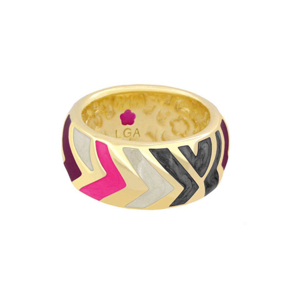 Art Deco Band Ring by Lauren G Adams, gold-tone with pink and black enamel chevrons on Tampa Home & Garden Store