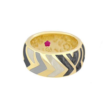 Art Deco band ring by Lauren G Adams, gold-tone with gray and black enamel chevrons on Tampa Home & Garden Store