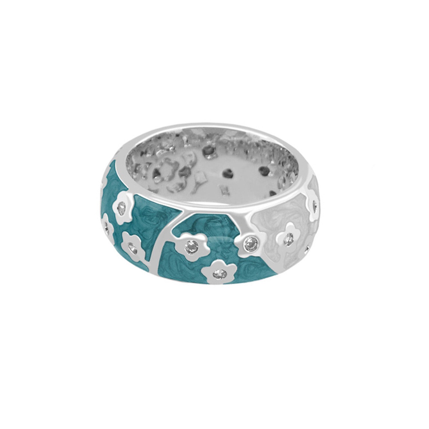 Flowering Vines Band Ring by Lauren G Adams, teal enamel with floral accents on silver band on Tampa Home & Garden Store