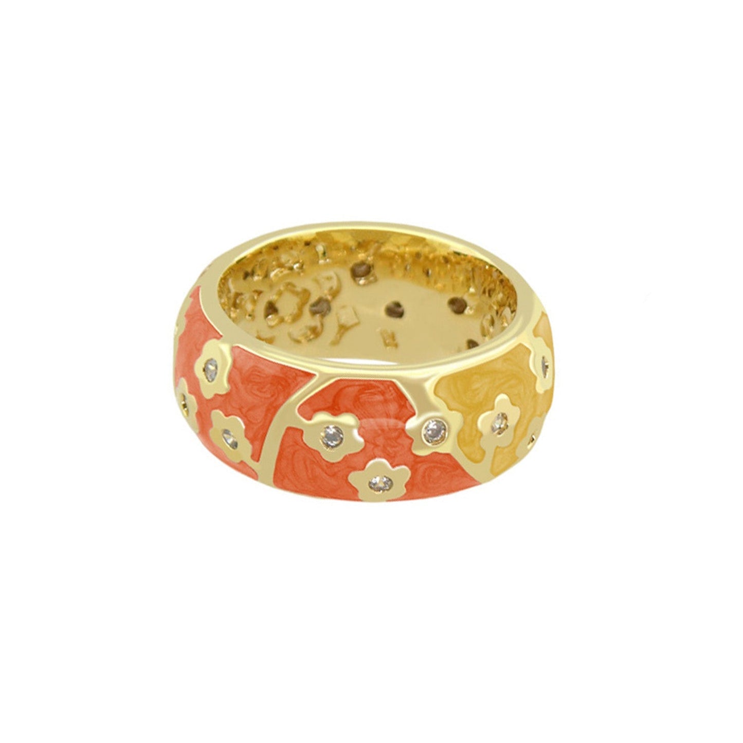Flowering Vines Band Ring, gold-tone with pink/yellow enamel floral motif and crystals on Tampa Home & Garden Store
