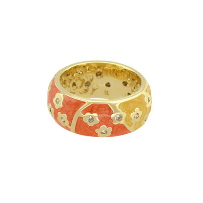 Flowering Vines Band Ring, gold-tone with pink/yellow enamel floral motif and crystals on Tampa Home & Garden Store