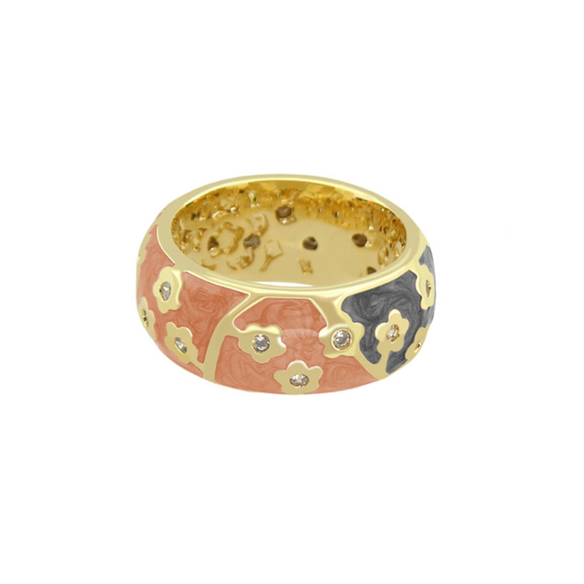 Flowering Vines Band Ring by L. G. Adams, gold enamel floral band in peach and blue with crystal on Tampa Home & Garden Store
