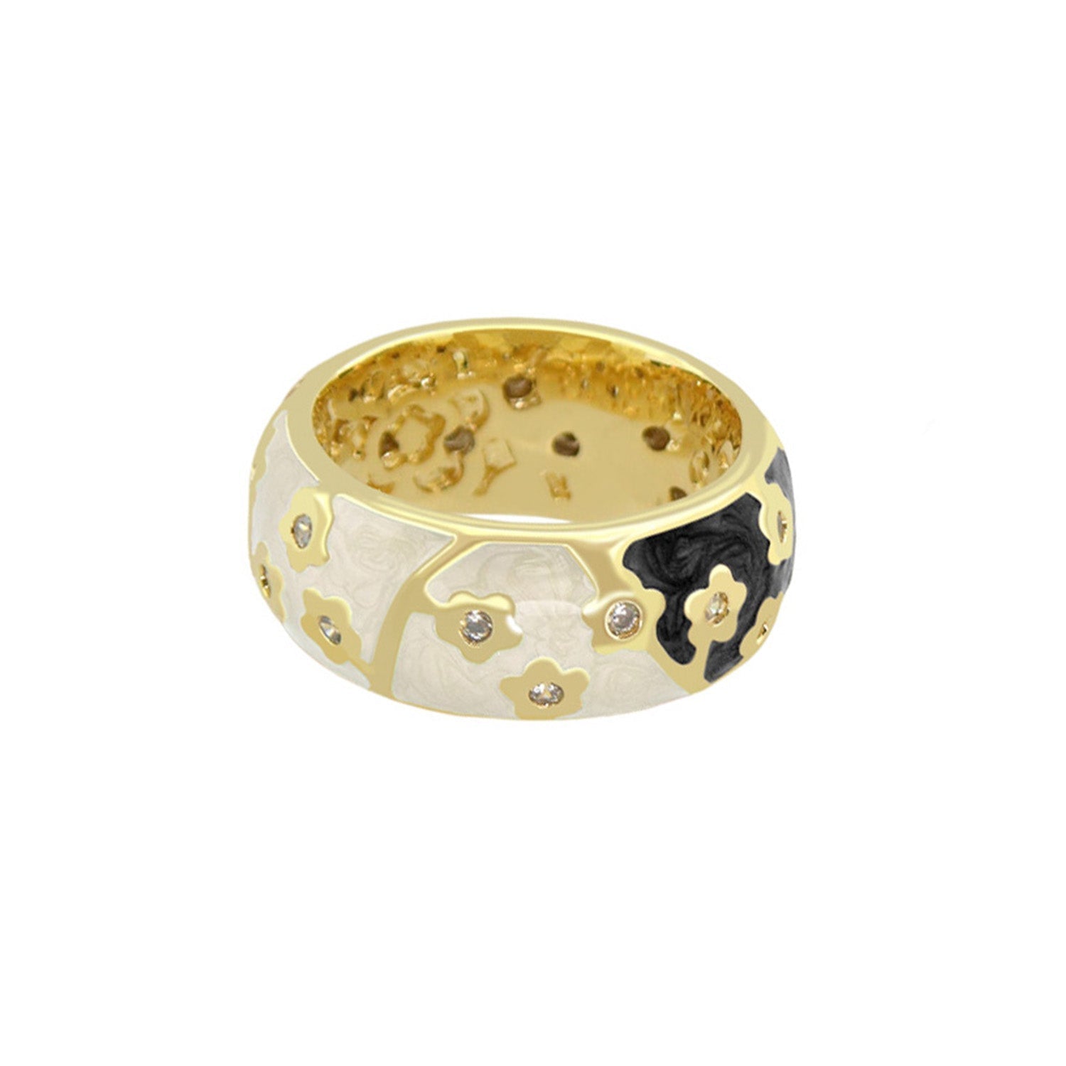 Flowering Vines Band Ring, gold-tone with white enamel floral vines and diamond accents on Tampa Home & Garden Store