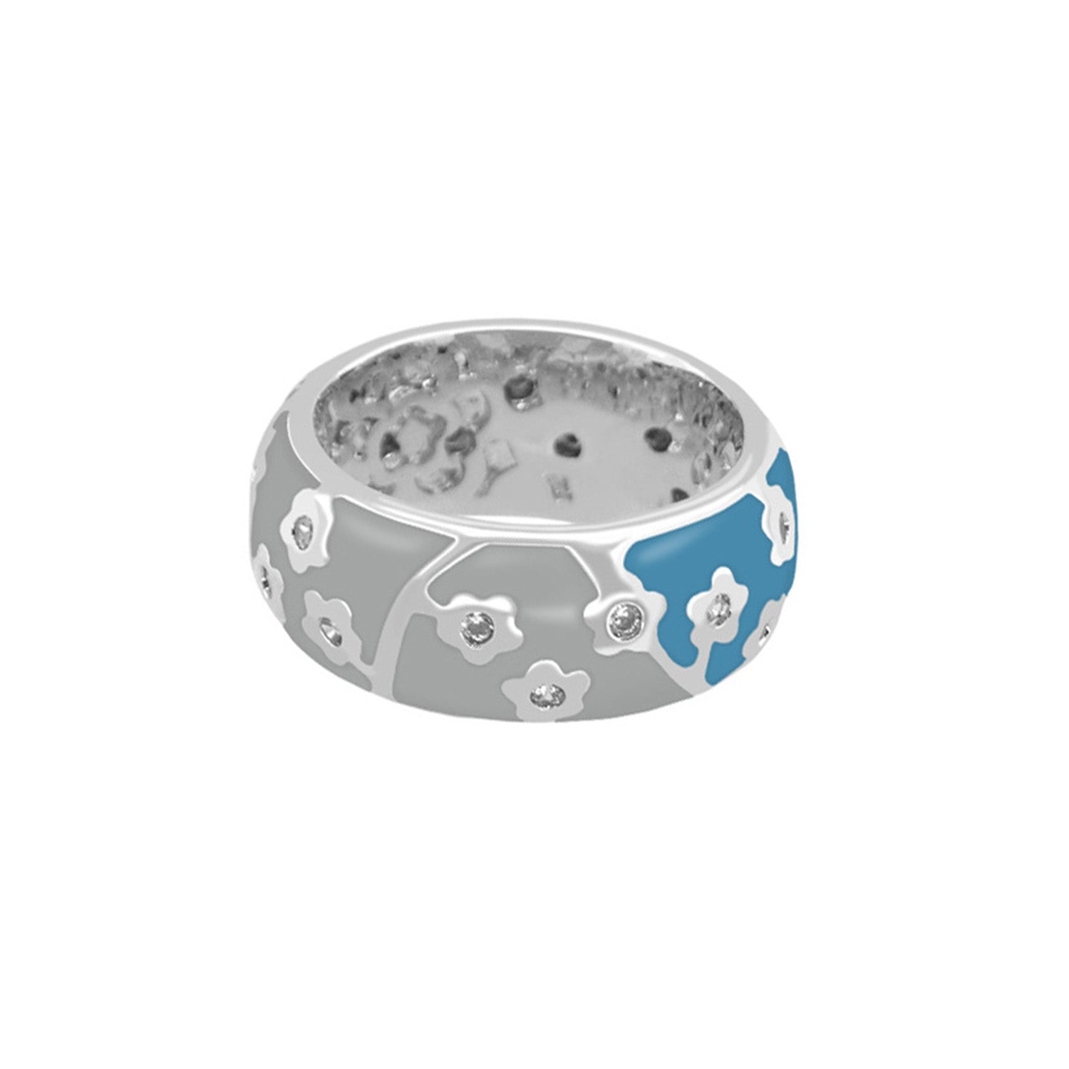 Flowering Vines Band Ring by Lauren G Adams, silver ring with white floral motifs and blue enamel on Tampa Home & Garden Store