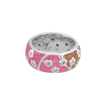 Flowering Vines Band Ring by Lauren G Adams pink enamel with florals and crystals on silver band on Tampa Home & Garden Store