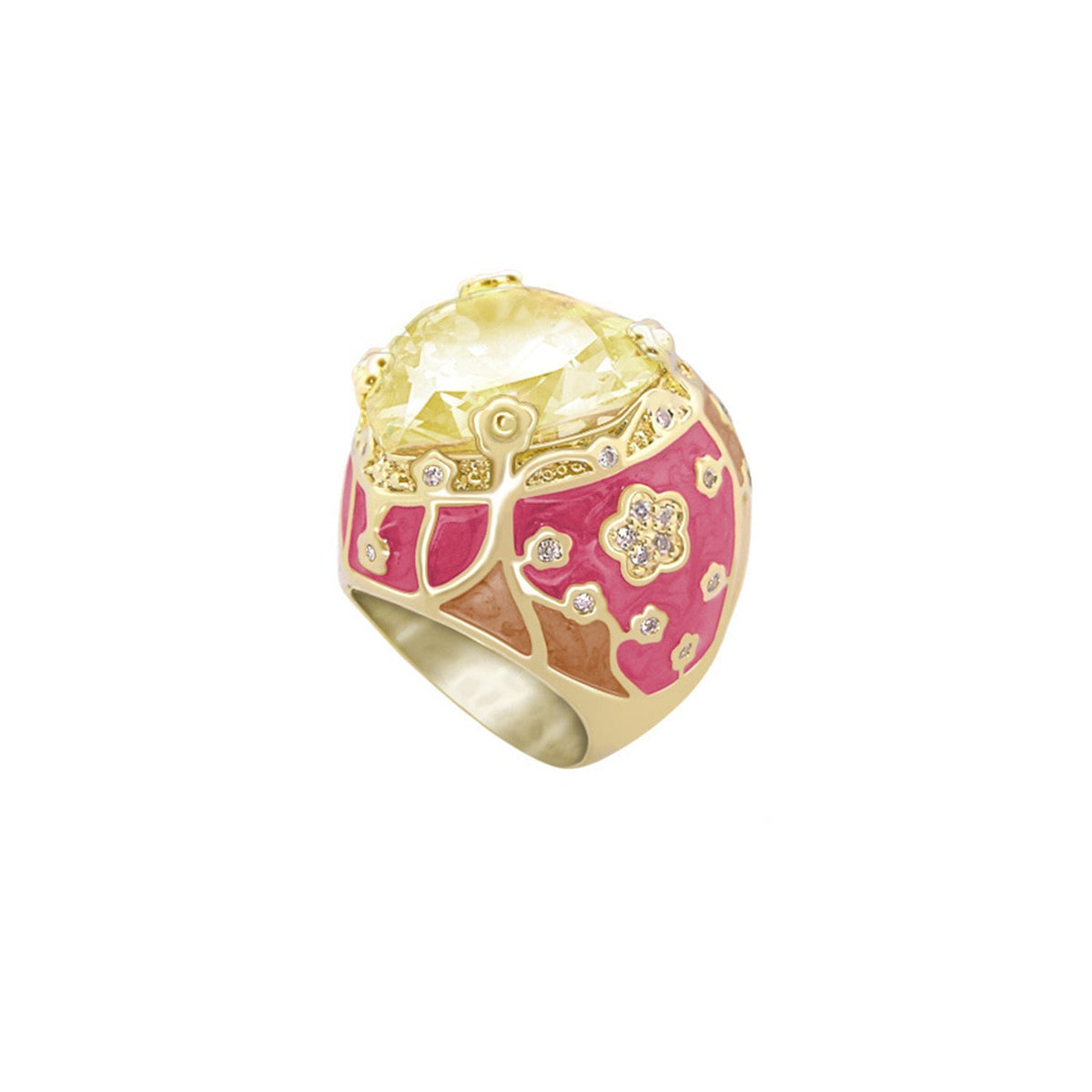 Flowering Vines Cocktail Ring gold-tone with pink enamel vines and yellow gemstone on Tampa Home & Garden Store