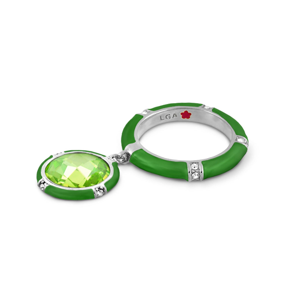Prince Charming Ring Round Charm Pave Band enamel stackable ring with lime gemstone pendant on Tampa Home & Garden Store