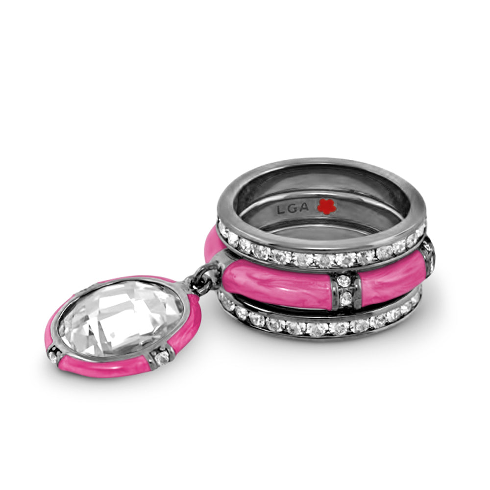Prince Charming Ring Set by Lauren G Adams, pink enamel stacked rings with crystal pendant on Tampa Home & Garden Store