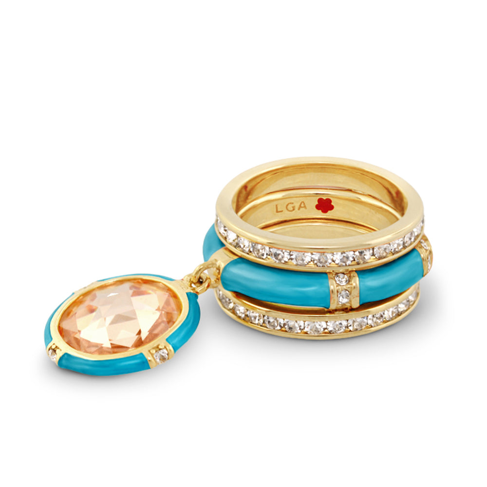 Prince Charming Ring Set: turquoise enamel gold rings with pavé, peach pendant by LGA on Tampa Home & Garden Store