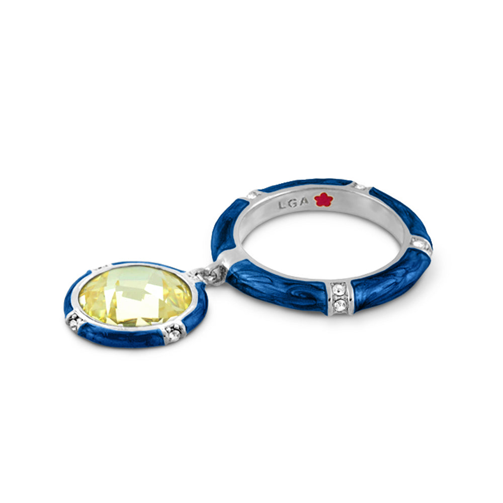 Prince Charming Ring Round Charm Pavé Band blue stackable ring with yellow oval pendant by LGA on Tampa Home & Garden Store