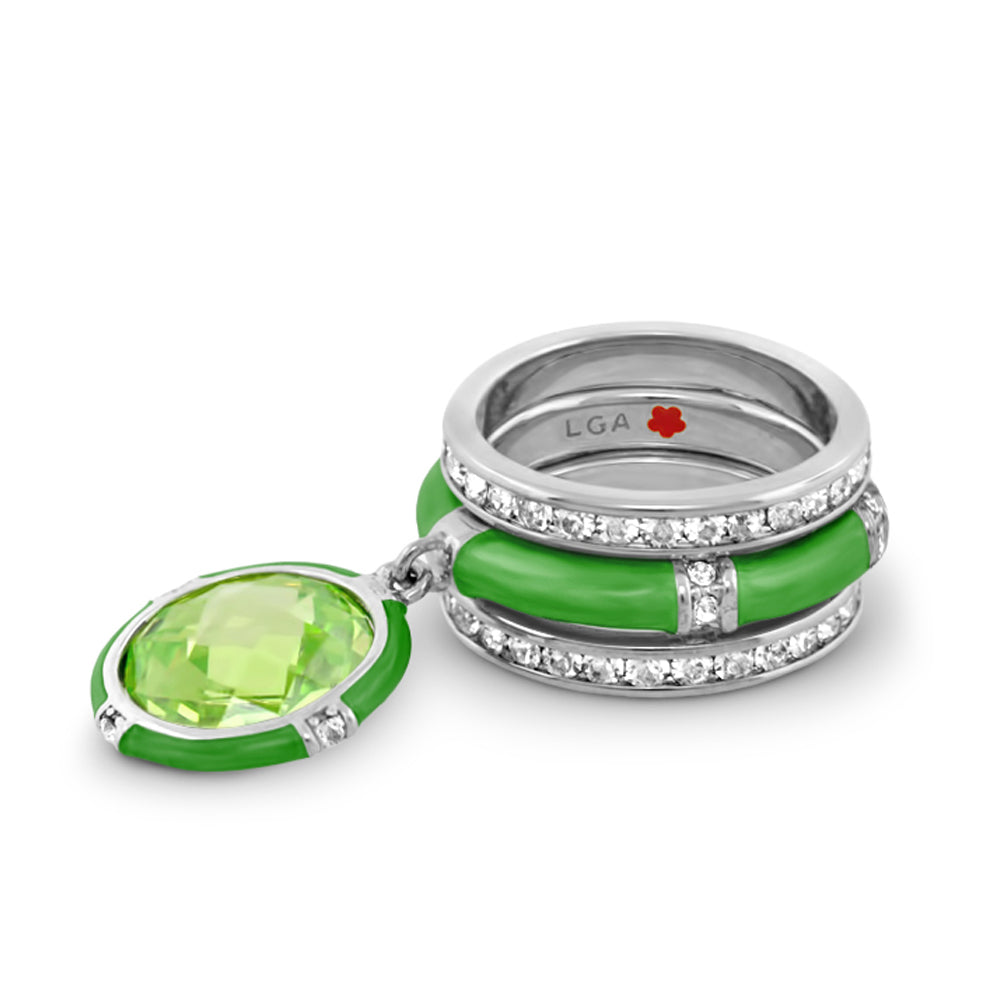 Prince Charming Ring Set with lime enamel rings, pave diamonds, and a lime gemstone pendant on Tampa Home & Garden Store