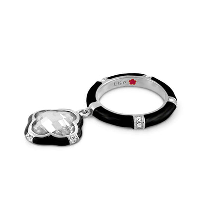 Prince Charming Ring Clover Charm Pavé Band in black enamel with crystal clover pendant on Tampa Home & Garden Store
