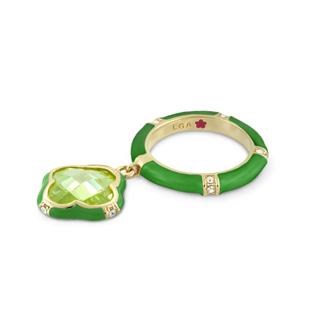 Prince Charming Ring Clover Charm Pavé Band green enamel ring with gold-tone details on Tampa Home & Garden Store