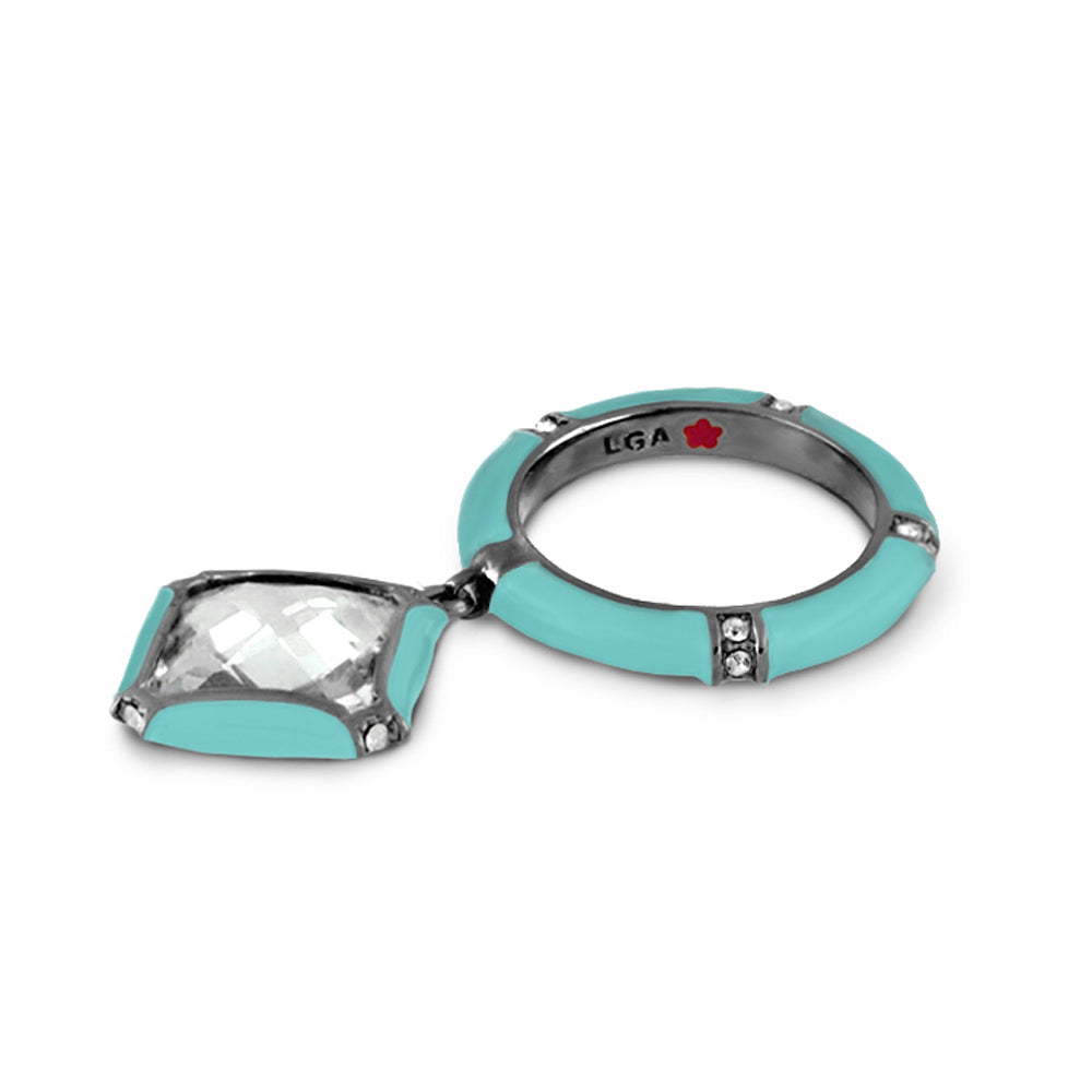 Prince Charming Ring Cushion Charm Pavé Band turquoise enamel stackable ring with cushion-cut crystal pendant Lauren G Adams on Tampa Home & Garden Store