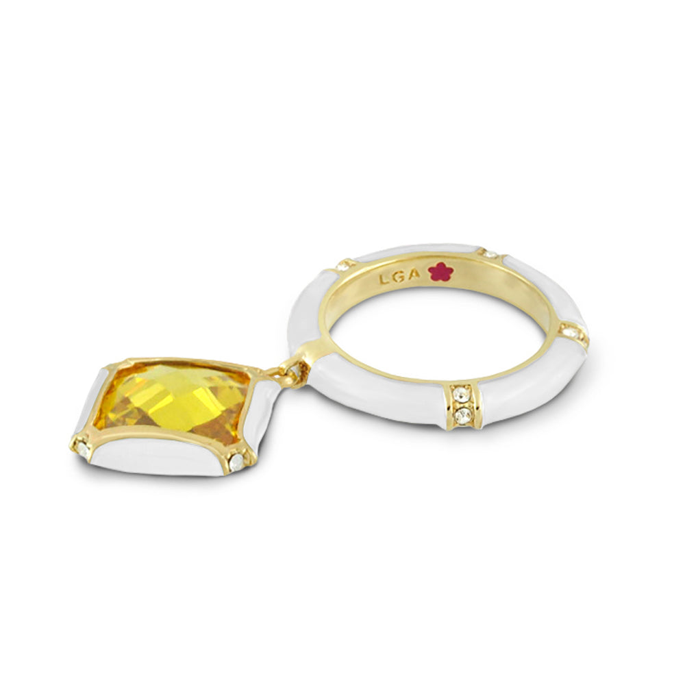 Prince Charming Ring cushion charm pavé band white enamel goldtone ring with yellow pendant on Tampa Home & Garden Store