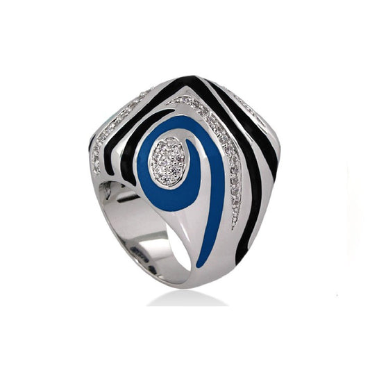 Art Deco Cocktail Ring by Lauren G Adams with blue enamel, black inlay, pavé diamonds in silver on Tampa Home & Garden Store