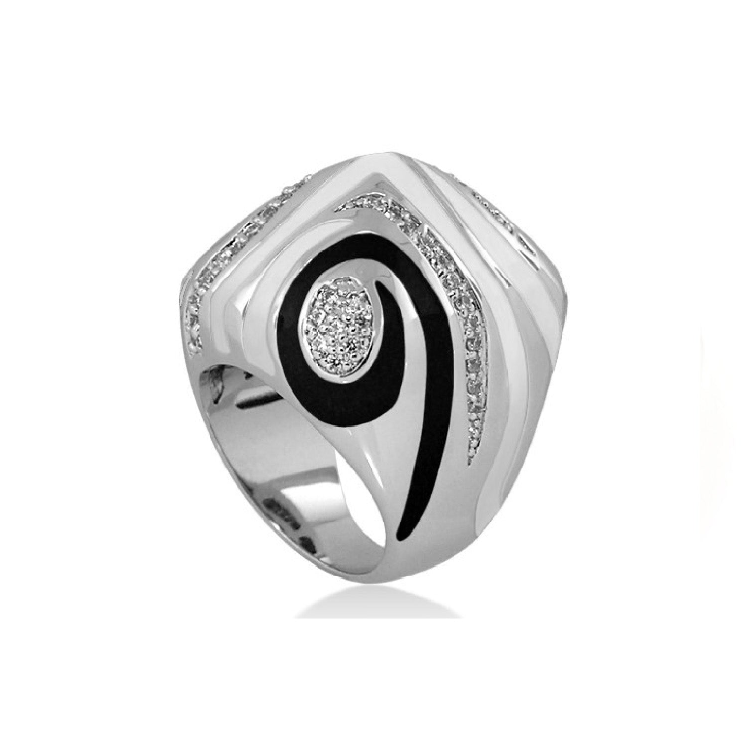 Art Deco cocktail ring by Lauren G Adams in silver metal with black enamel pavé diamonds on Tampa Home & Garden Store