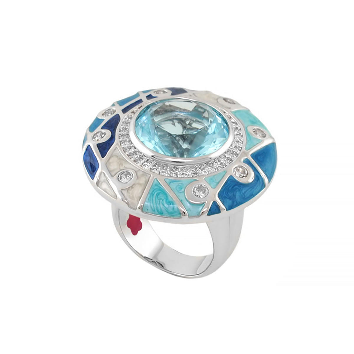 Sunburst Cocktail Ring aqua blue center stone with diamond halo and turquoise enamel mosaic Lauren G Adams on Tampa Home & Garden Store