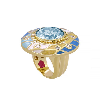 Sunburst Cocktail Ring by Lauren G Adams, gold-tone with pale blue center stone and enamel on Tampa Home & Garden Store