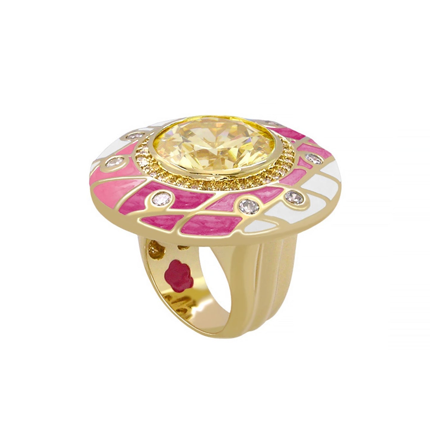 Sunburst Cocktail Ring by Lauren G Adams, gold-tone with yellow center stone and pink enamel mosaic on Tampa Home & Garden Store