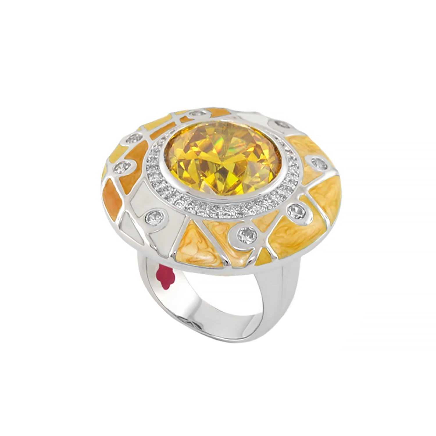 Sunburst Cocktail Ring with yellow center stone, orange-yellow enamel mosaic, pavé accents on Tampa Home & Garden Store
