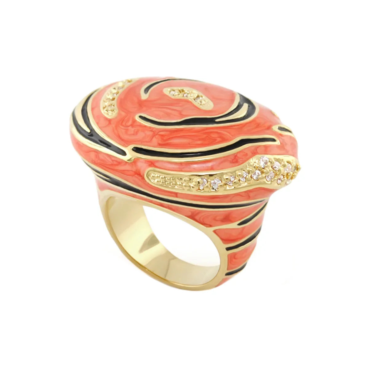 Animal Paradise Ring Tiger Stripe Swirl by Lauren G Adams, coral pink enamel with gold band and diamond accents on Tampa Home & Garden Store