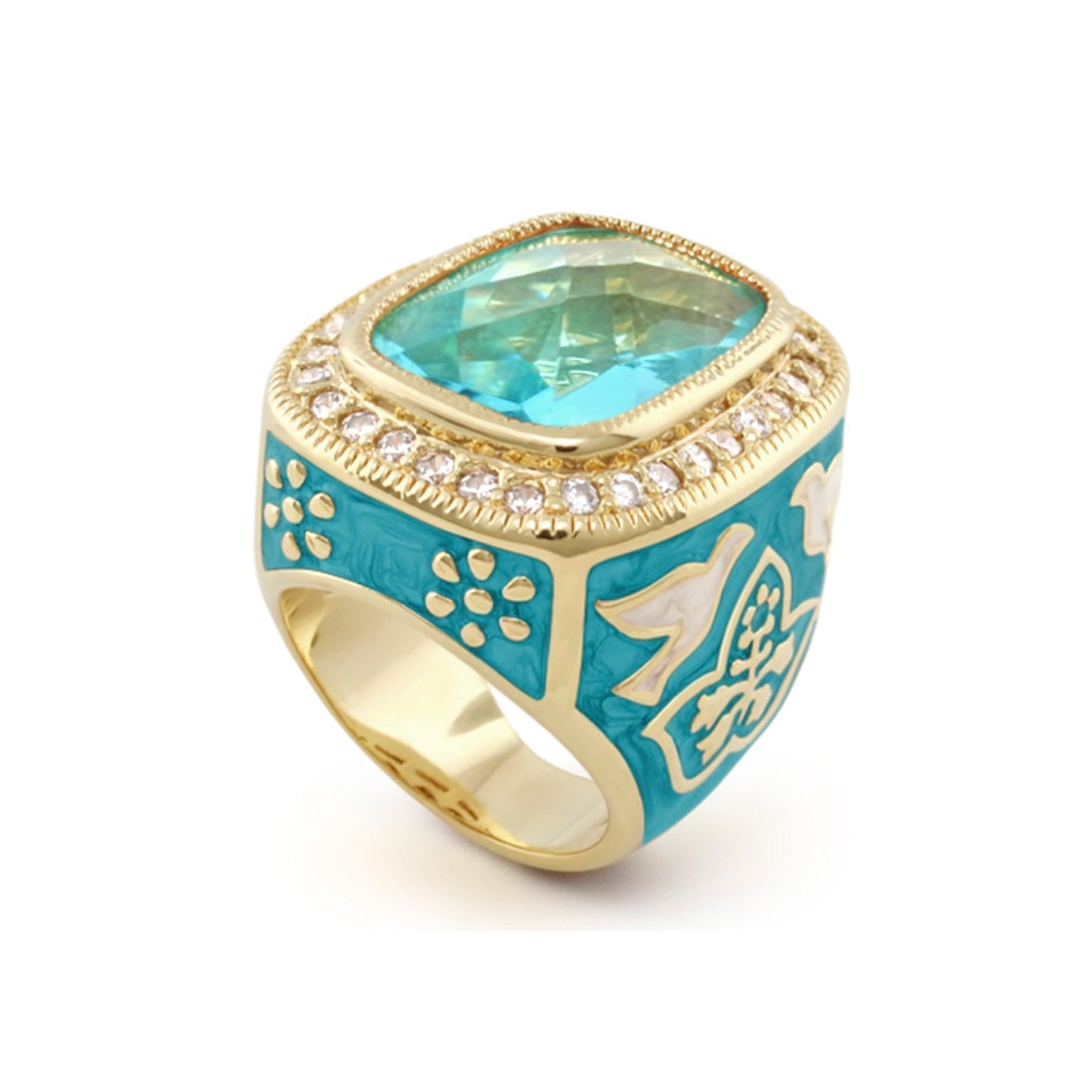 Peace and Dove Cocktail Ring with aqua blue gemstone and turquoise enamel accents in gold setting on Tampa Home & Garden Store