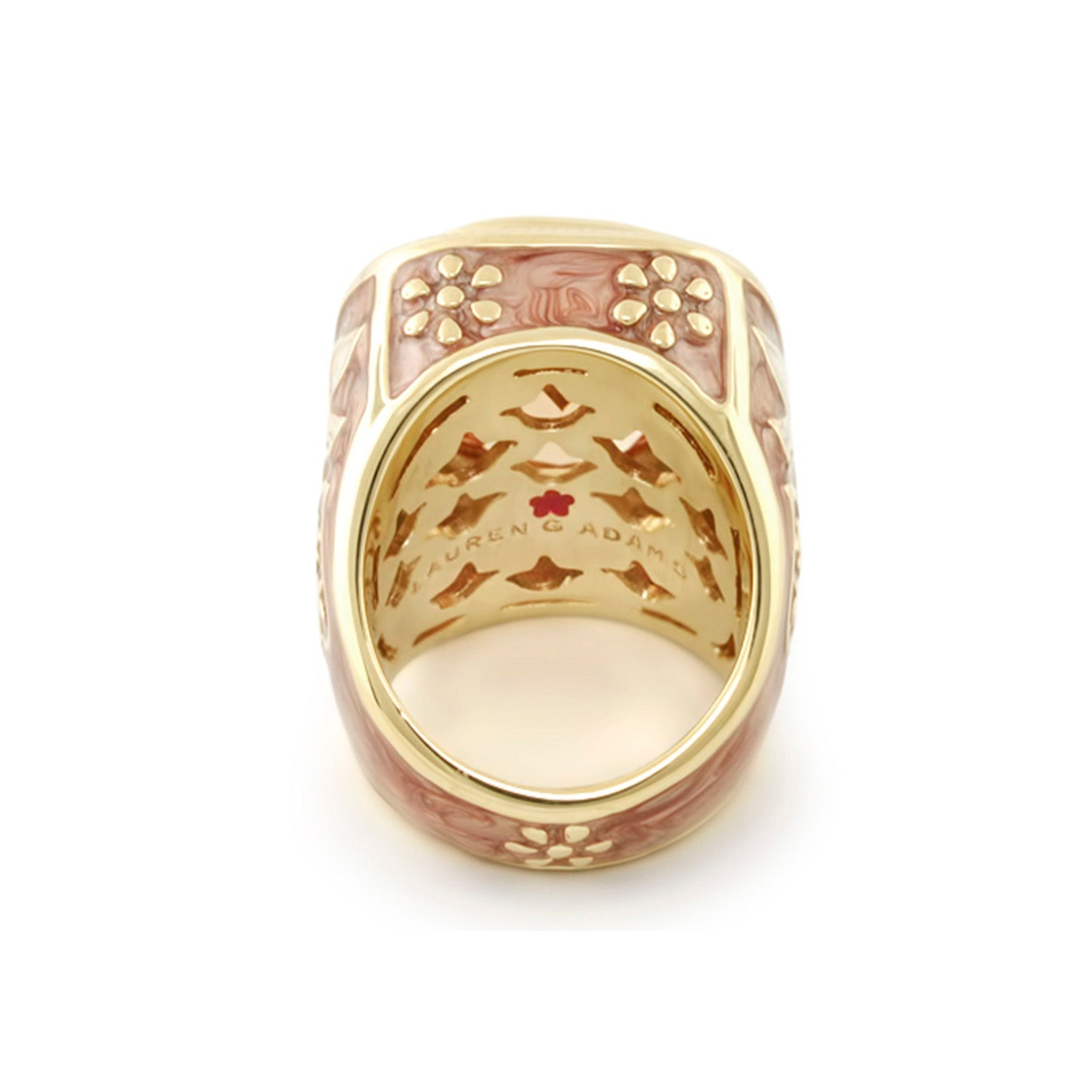 Peace and Dove Cocktail Ring by Lauren G Adams, gold-tone band with pink enamel panels on Tampa Home & Garden Store