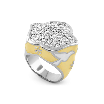 Peace and Dove Cocktail Ring by Lauren G Adams; pavé diamonds on top, yellow gold inlay with dove motif on Tampa Home & Garden Store