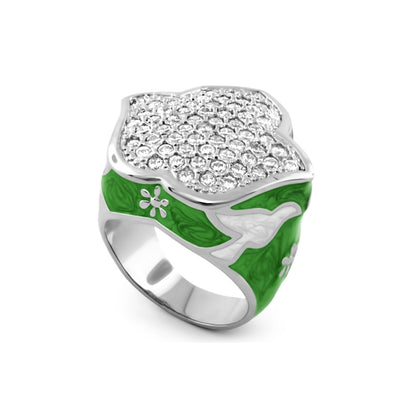 Peace and Dove Cocktail Ring by Lauren G Adams, silver tone with green enamel dove and pave crystals on Tampa Home & Garden Store